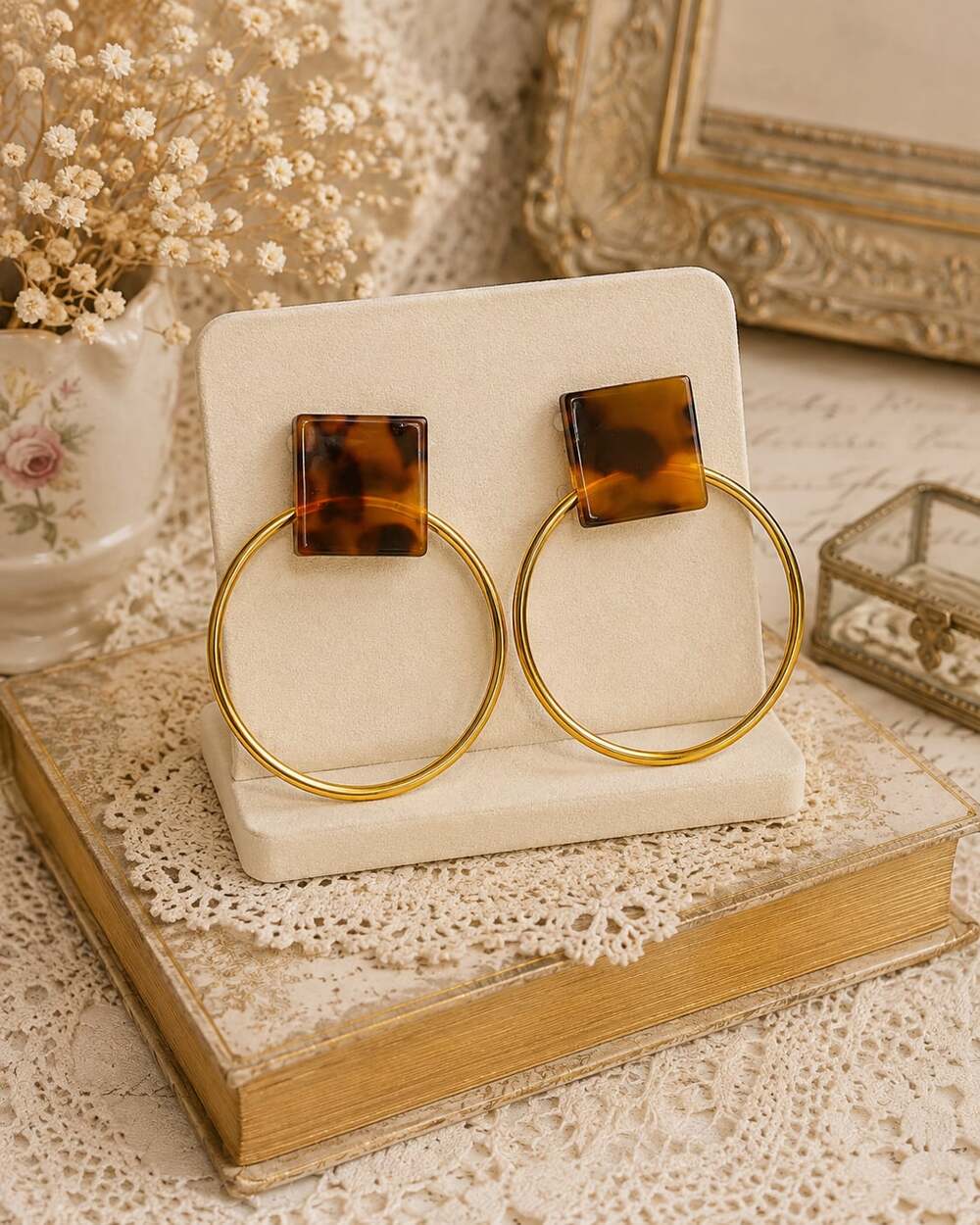 Ann Taylor Tortoise Shell Square and Gold Hoop Drop Earrings
